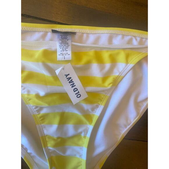 Women's Old Navy Yellow striped bikini bottoms pink tie waist size large new - Picture 2 of 5